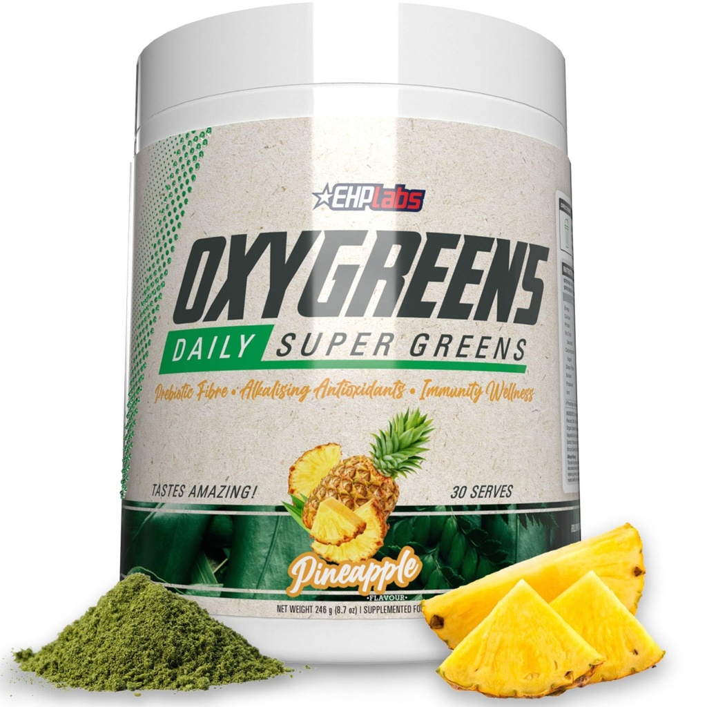 EHP Labs Oxygreens Super Greens Powder - Spirulina & Chlorella Superfood, Green Juice Powder & Hijau dengan Appder Prebiotic Fibre, Antiokidants & Immunity Dukungan, 30 Serves (Pineapple)
