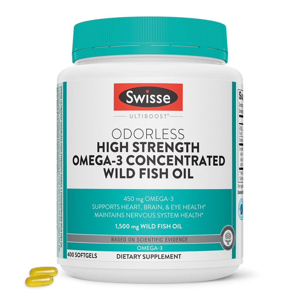 Swisse Wild Oil Omega 3 Suplemen untuk Perempuan dan Pria 124; EPA DHA Oil Suplemen 124; Odorless - Membantu Otak, Eye dan Heart Health 124; Kekuatan Tinggi 1500 mg 124; 400 Softgel Pil