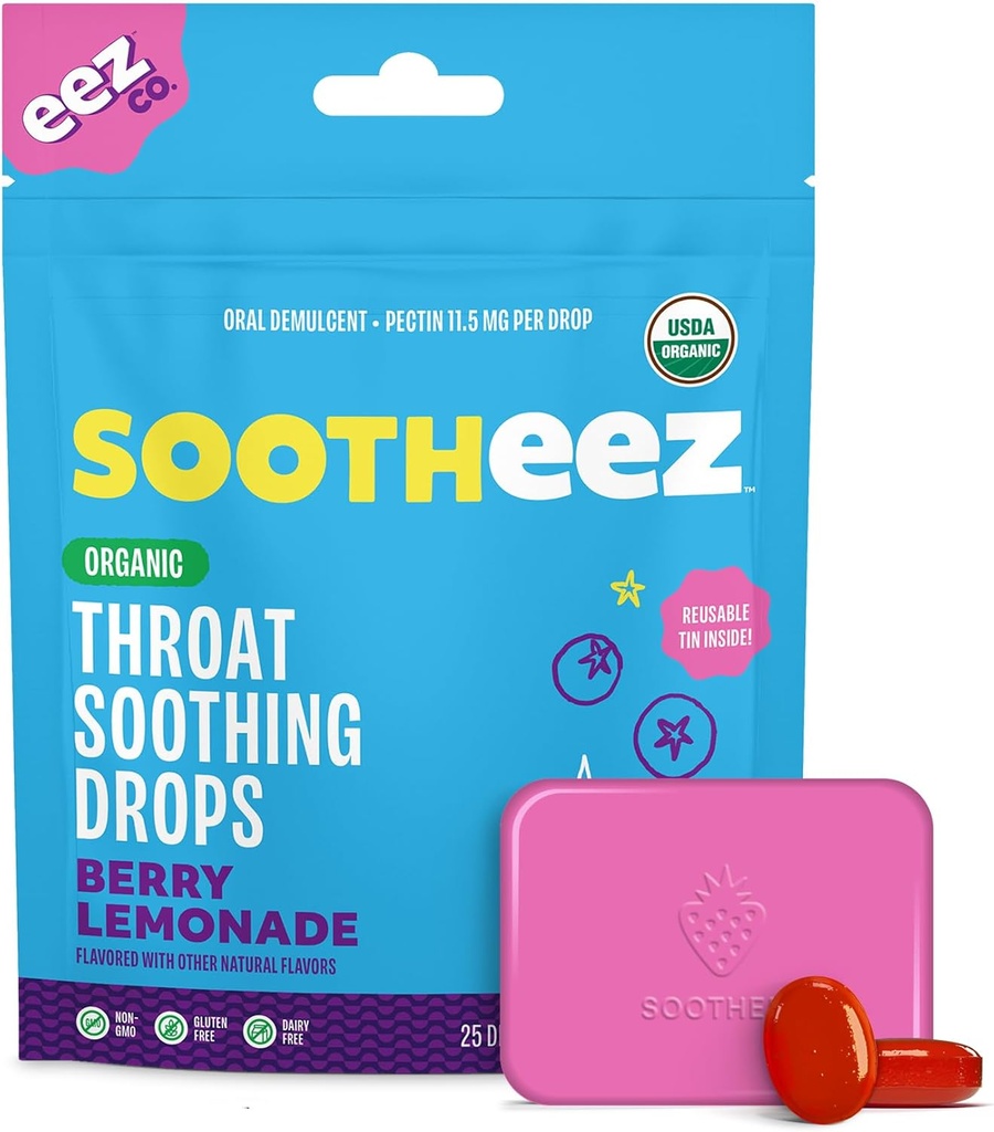 Sootheez Organic Throat Sootthing Drops for Dewasa, Berry Lemonade, 25 Count, Refilable, Great Tasting Drops That Sisco Sore Throats