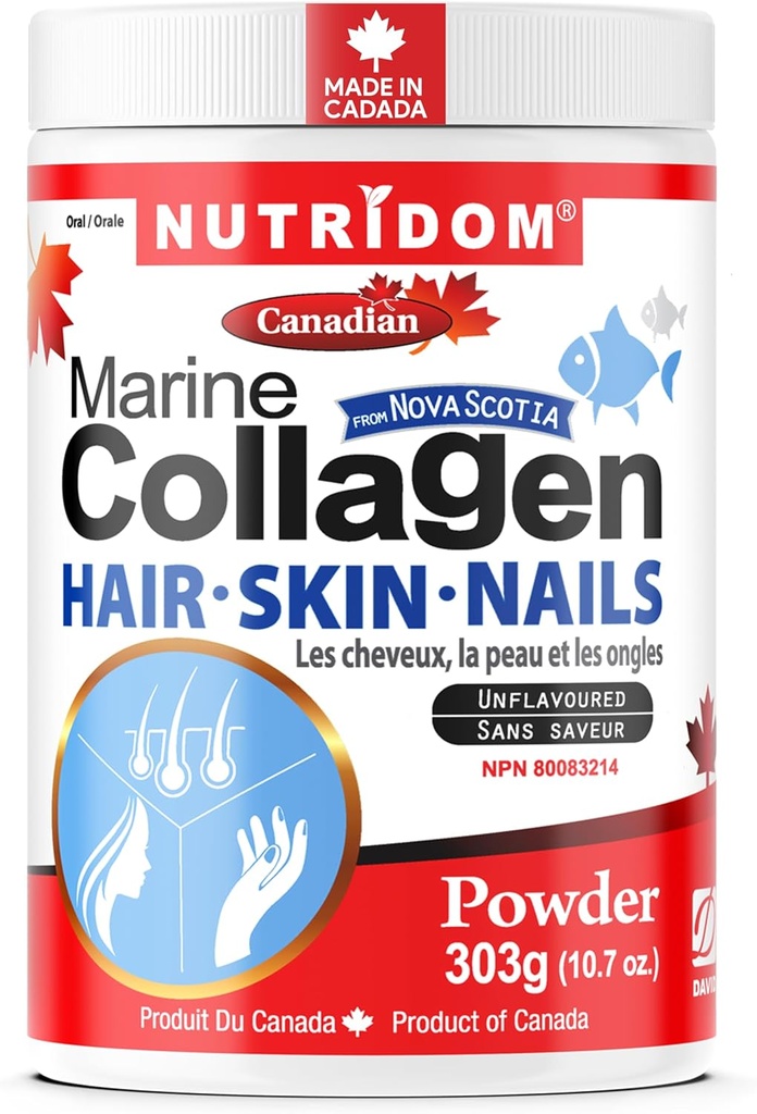 Nutridom Hydrolyzed Marine Collagen Peptides Powder, Wild- Caught from Nov- Scotia, Supports Hair, Skin & Nails, Non-GMO, Free of Gluten, Soy & Dairy (303 g)