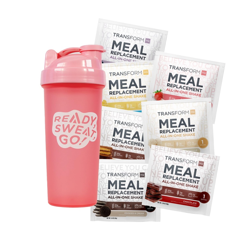 TransformHQ Meal Pengganti Variety Box Shake With Pink Shake Shaker, 7 Single- Serving Shake Packs