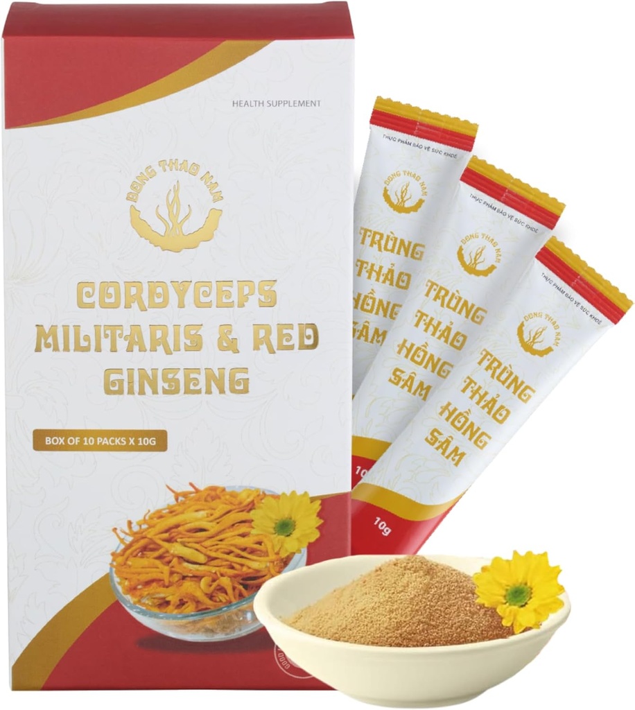 Dong Thao NAM - Organik Merah Ginseng dan Cordyceps Powder, 6 dari 1 Herbal Ekstrak, Increases Alertice, Meningkatkan Energi dan Reduces Fatigue, Caffeine Bebas, Paket 10
