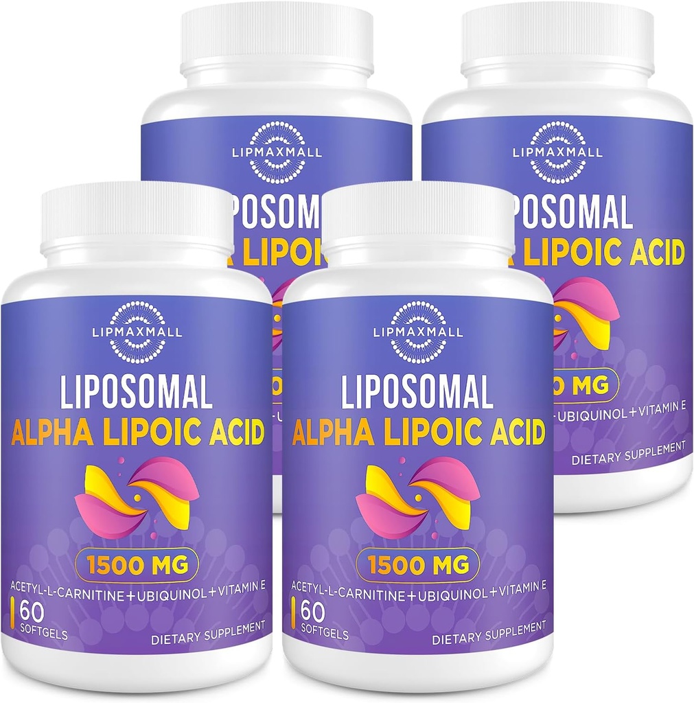 Lipomal Alpha Lipoic Acid 1500mg - dengan Acetyl-L- Carnitine 900mg & Ubiquinol 100mg & Vitamin E 15mg Supplemen untuk Antioksidants Metabolisme Energi Nerve, 60 Softgeel (4 Botol)