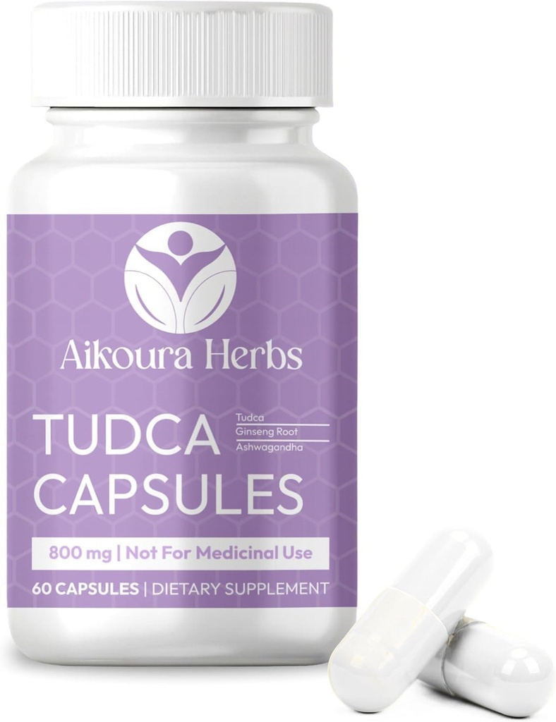 AIKOURA TUDCA 800mg - Pendukung Hati Suplemen - 60 Vegan Capsules dengan Milk Thistle, Ginseng & Ashwagandha - Promesses Gut & Overall Health.