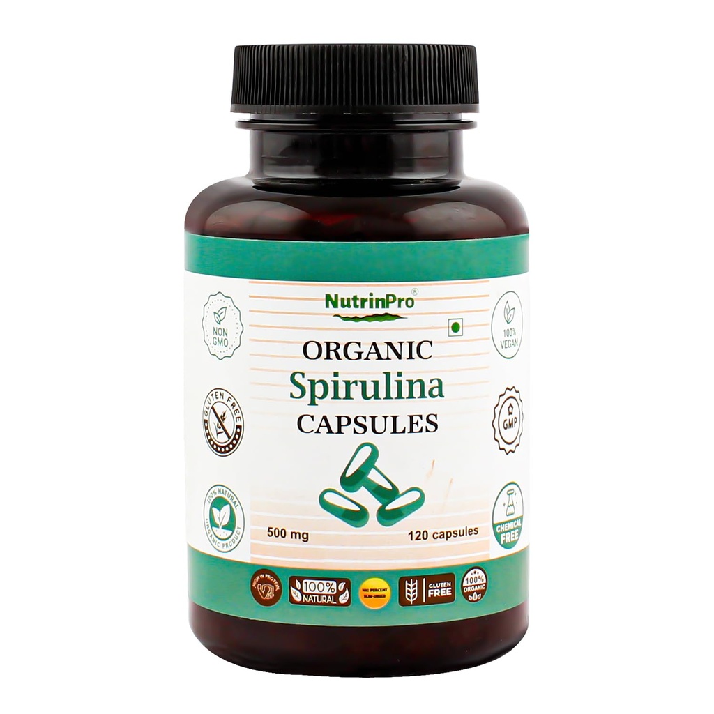 USDA Organic Spirulina Kapsul - 100% Suplemen Vegan Murni, Non- GMO, Gluten- Free, Chemical - Free, (120)