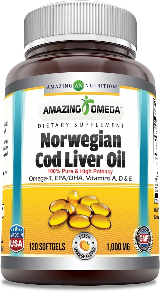 Amazing Omega Norwegia Cod Liver Oil (Omega-3, EPA / DHA) Suplemen 124; 1000 Mg Per Serving 14; 120 Softgeels Oftgeels 12.4; Orange Flavor 124; Nor-GMO 124; Gluten- Free Alag14; dibuat di USA