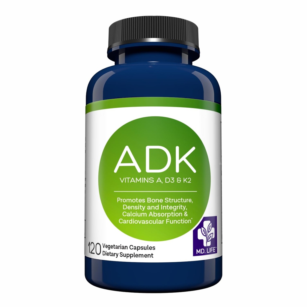 MD.LIFE ADK Vitamin Suplemen - Vitamin D3 K2 dan Kompleks - 120 Capsules - Potency Tinggi Vitamin ADK untuk Dukungan Hati dan Tulang