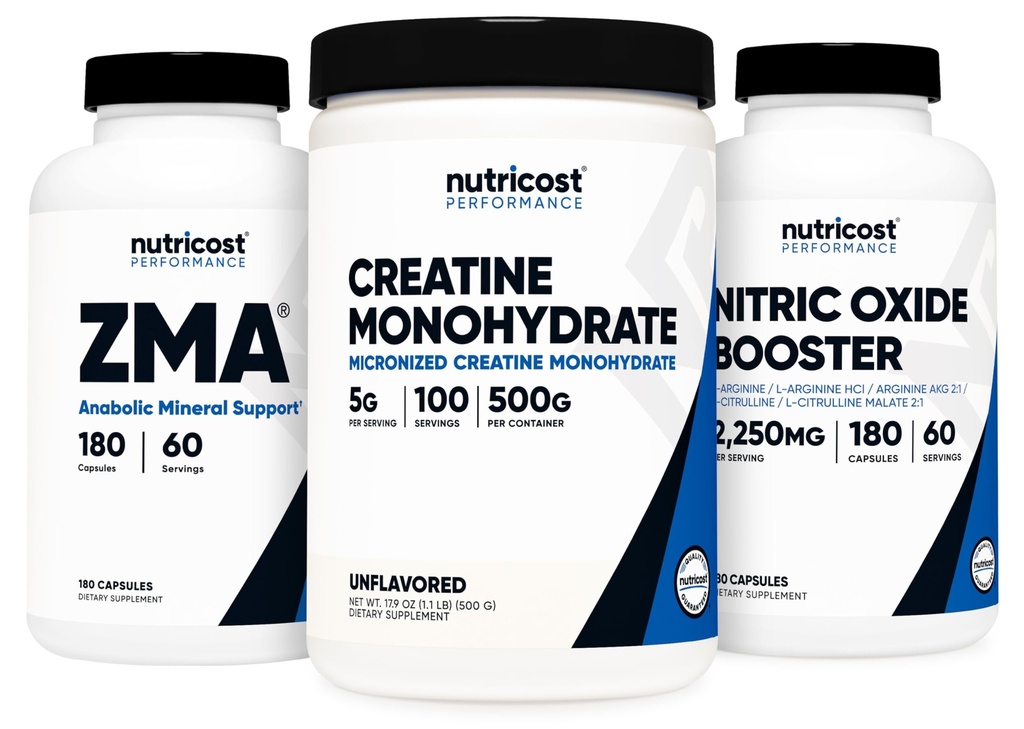 Nutricost Creatine 500 Grams, Nitric Oxide 180 Capsules, dan ZMA 180 Capsules Bundle