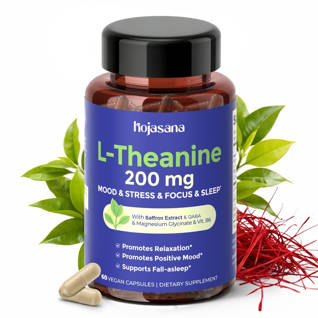 L Theanine 200mg dengan Saffron, GABA, Magnesium Glycinate & Vitamin B6, L- Theanine Suplemen Advance Complex Formula untuk Relaxation Mood & Stress Relief & Sleep Dukungan, 60 Vegan Capsules