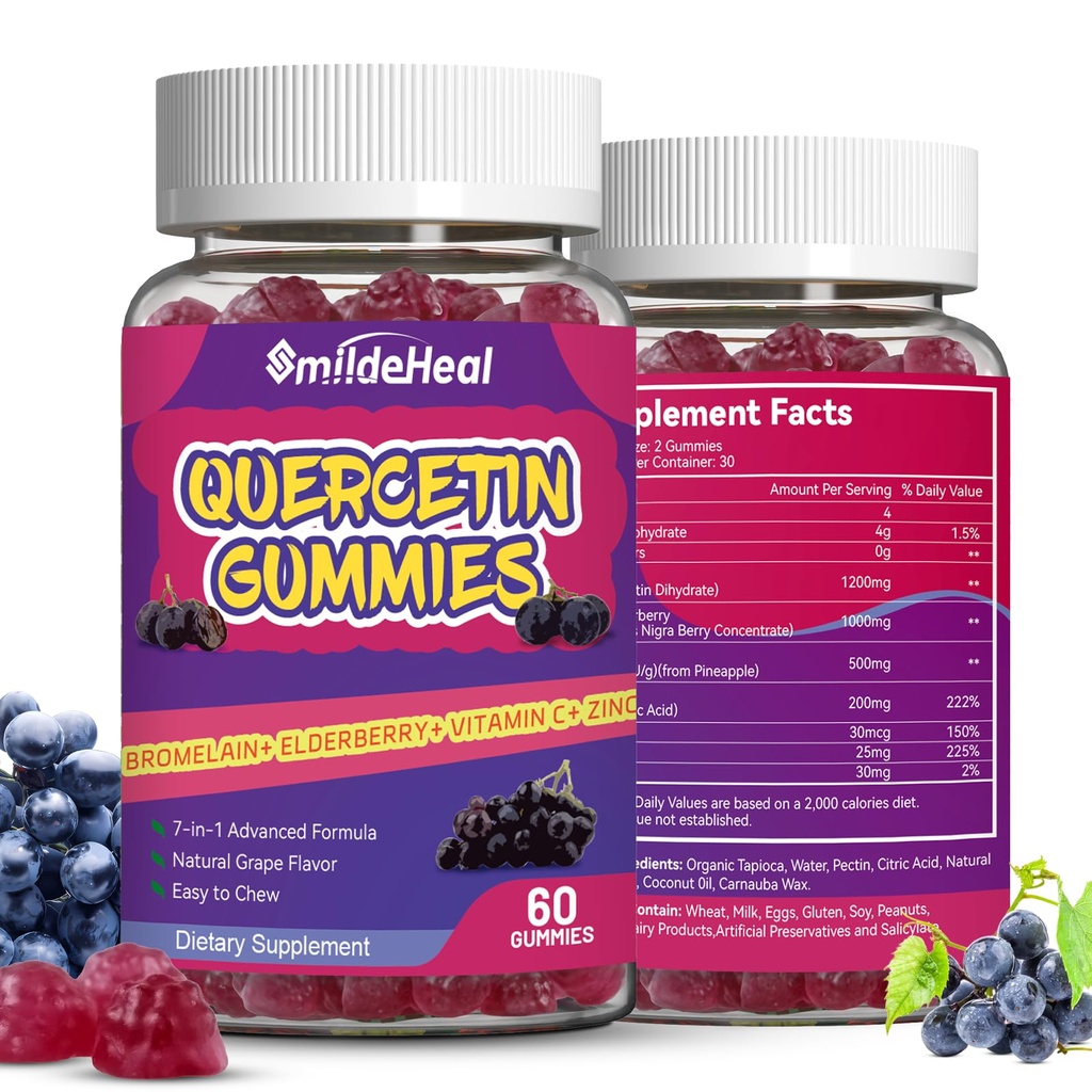 2 Pack Quercetin Gummies 1200 MG, Quercetin Gummies dengan Bromelain, Zinc Vitamin C, Imune System Vegan Gummy untuk Dewasa & Kid, 120 Vegan
