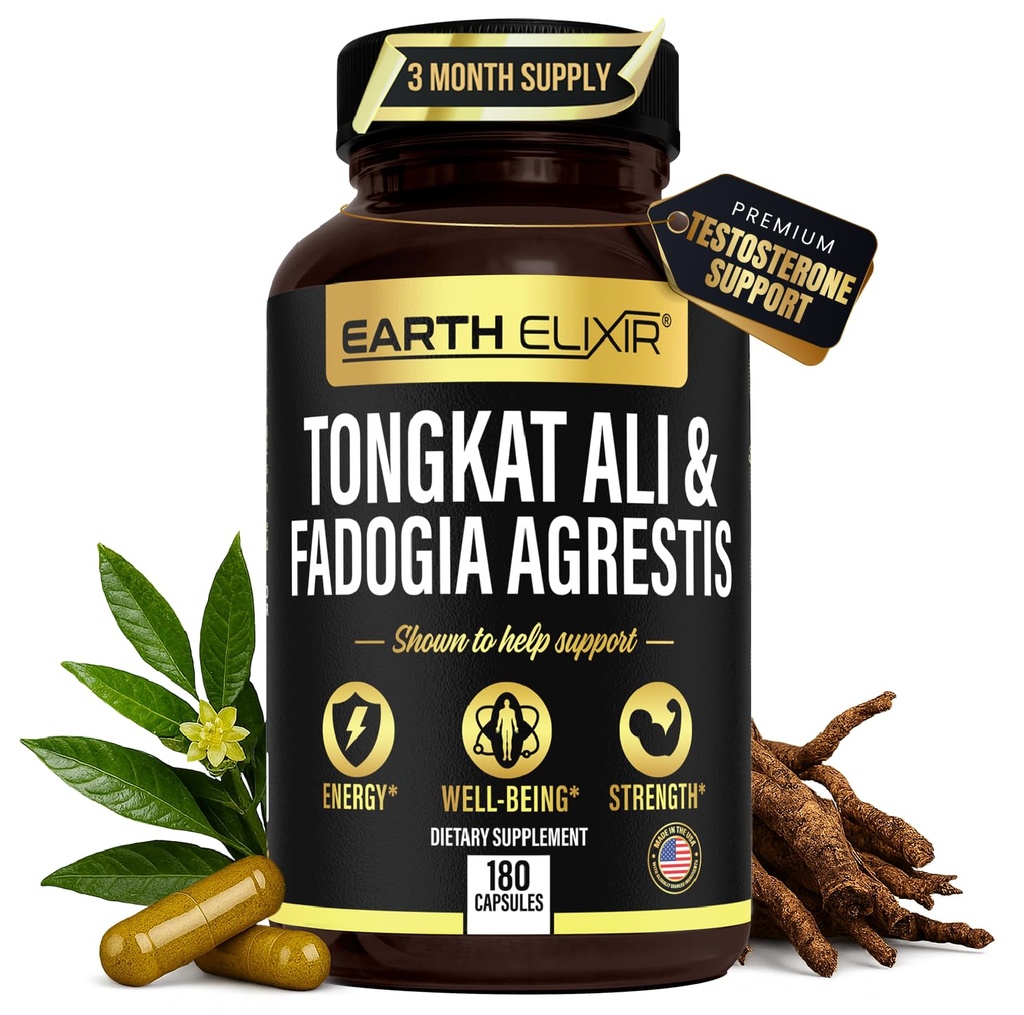 Bumi Elixir Fadogia Agrestis & Tongkat Ali untuk Pria & Perempuan - Suplemen Testosteron Alam untuk Pria - Dibuat di Amerika Serikat & 3 Partai Test - Kekuatan, Energi & Vitalitas - Longjack - 3 Pasokan Bulan