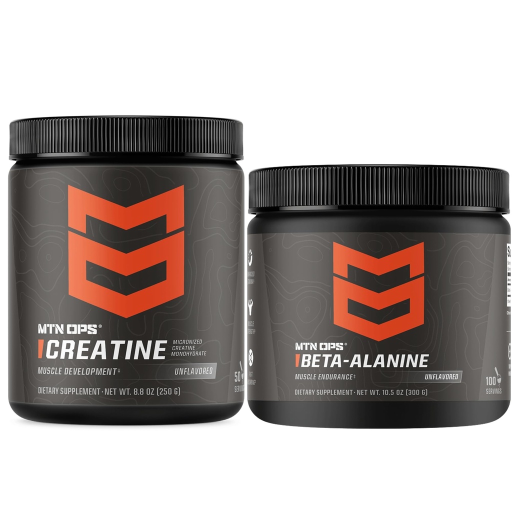 MTN OPS Creatine Monohydrate & Beta Alanine Performance Stack - Power, Power & Muscular Endurance Support - Pre Workout & Training Recovery Bundle