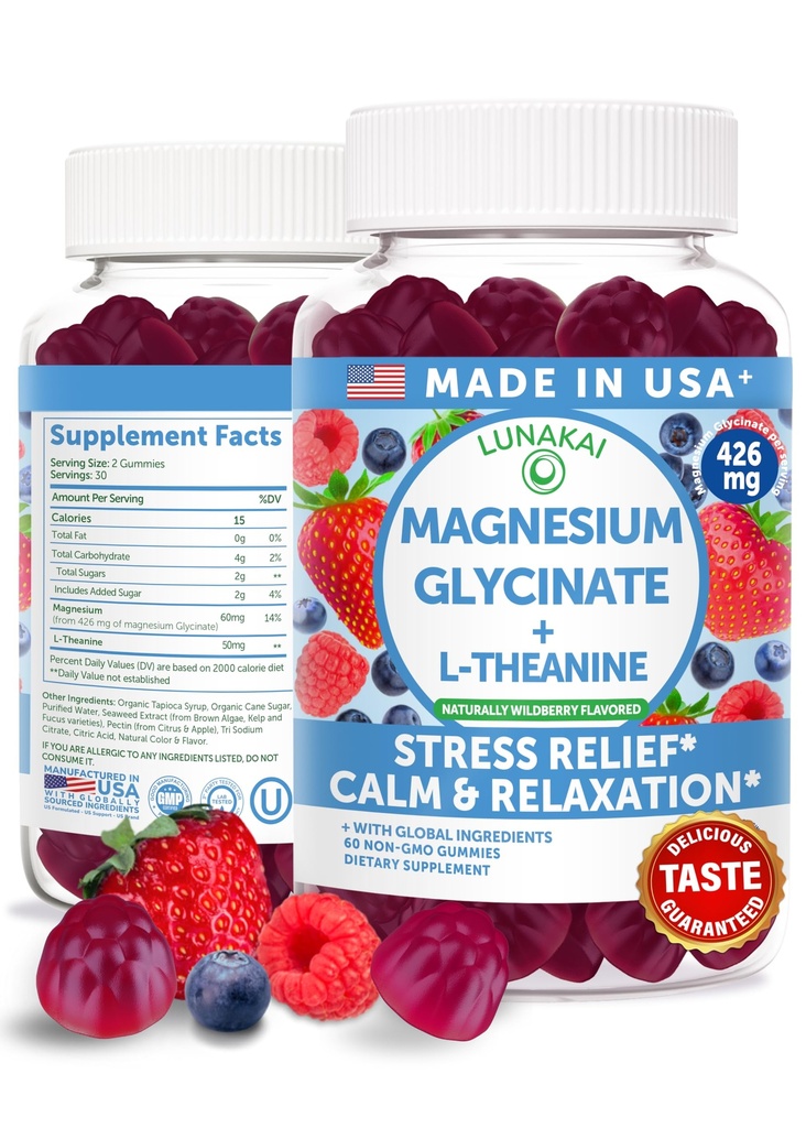 Lunakai USA Made Magnesium Glycinate Gummies 426mg with L-Theanine - Tenang, Tidur, Stress Relief untuk Dewasa & Anak-Anak, Non- GMO, Vegan, 60ct