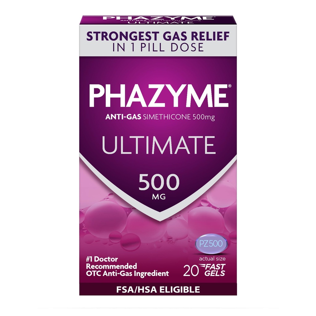 Phazyme Ultimate Kekuatan Anti- Gas 500 mg Simmethacon Gas Relief untuk Dewasa, Cepat Gels Bloating, Tekanan dan Ketidaknyamanan, 20 Count