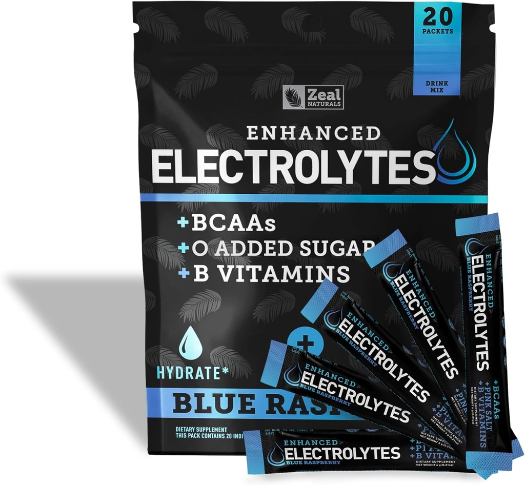 Enhanced Electrolite Powder Stick Packs (Blue Raspberry 12.4; 20 Packets) w / 0 Sugar + BCAAs + B-Vitamin Electrolite Supplemen w Potemary Zinc & Magnesium for Hydration - Keto Electrolytes