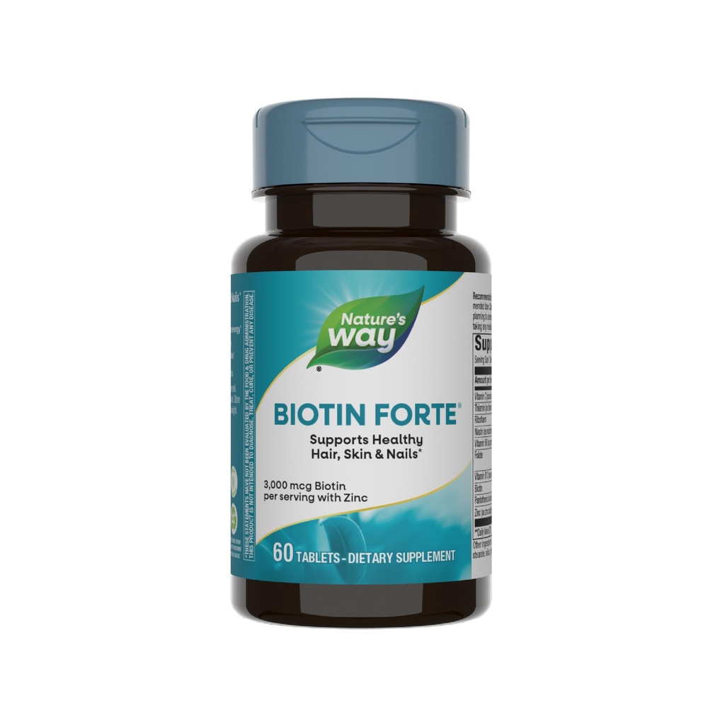 Nature 's Way Biotin Forte, Support Heally Hair, Skin & Nails *, 3000 mcg Biotin per Serving, dengan Zinc, Vitamin C, B- Vitamin, 60 Tablet (Packaging May Vary)