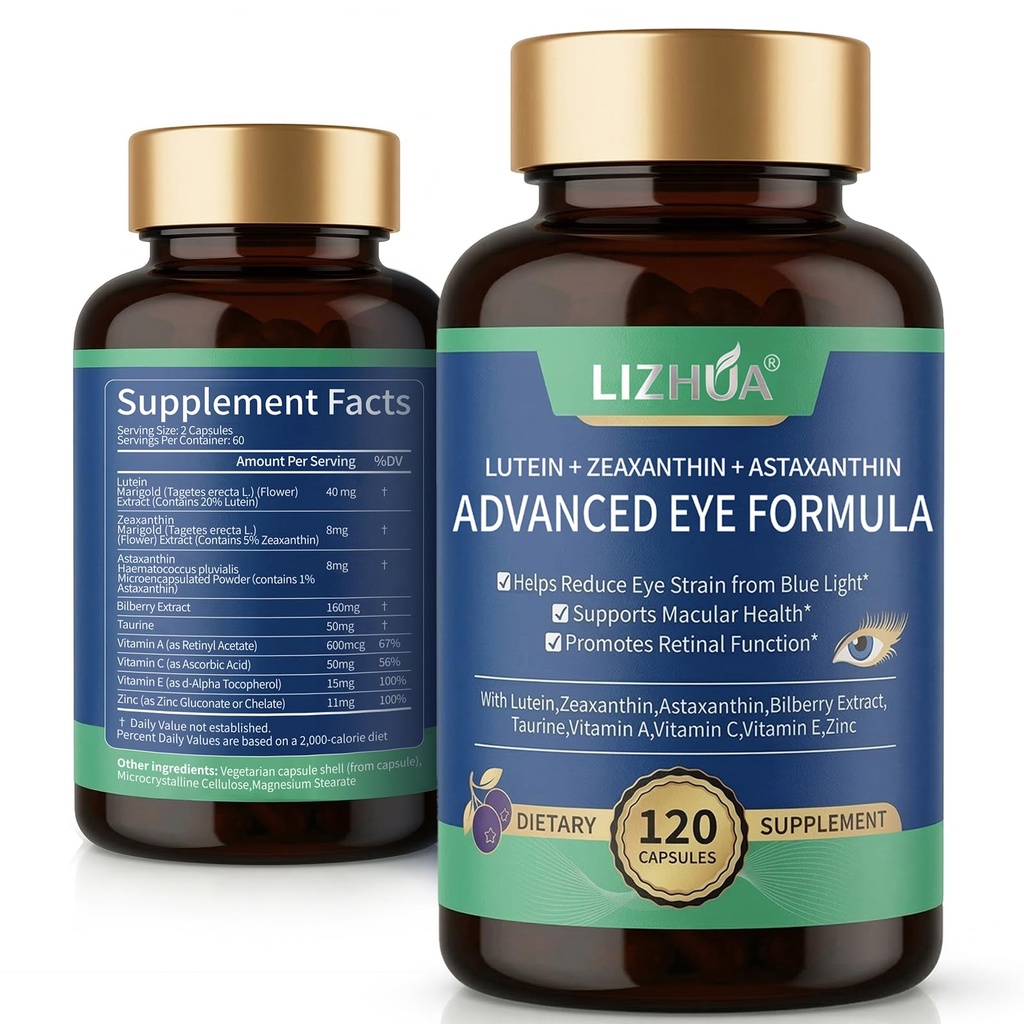 Lutein 40mg & Idxanthin 8mg Eye Vitamin, dengan Astaxanthin, Bilberry, Taurine, Vitamin A C E Zinc, Blue Light & Macalar Dukungan, 120 Gravgie Capsules
