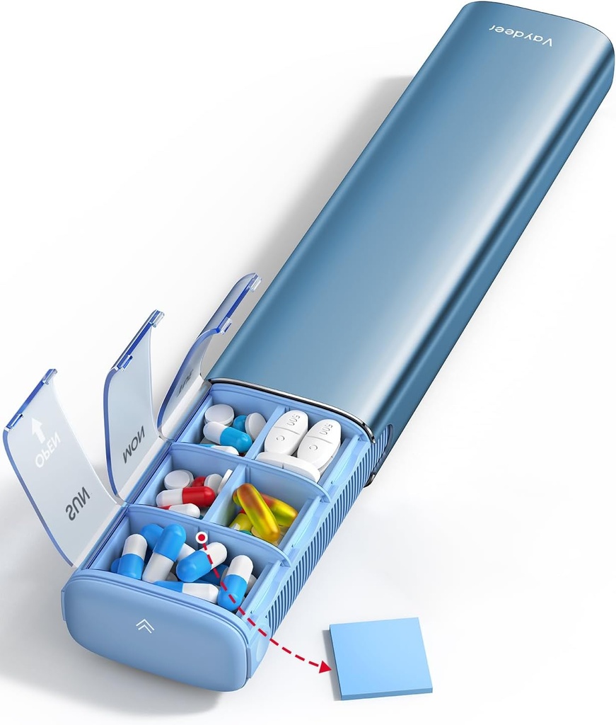 Vaydeer 7 Day Weekly Pill Organizer (Dukung 2 Kali sehari), Metal Travel Pill Case, Large Capacity Daily Cute Pill Box for Suplemen, Pills, Vitamin and Medication (Biru)