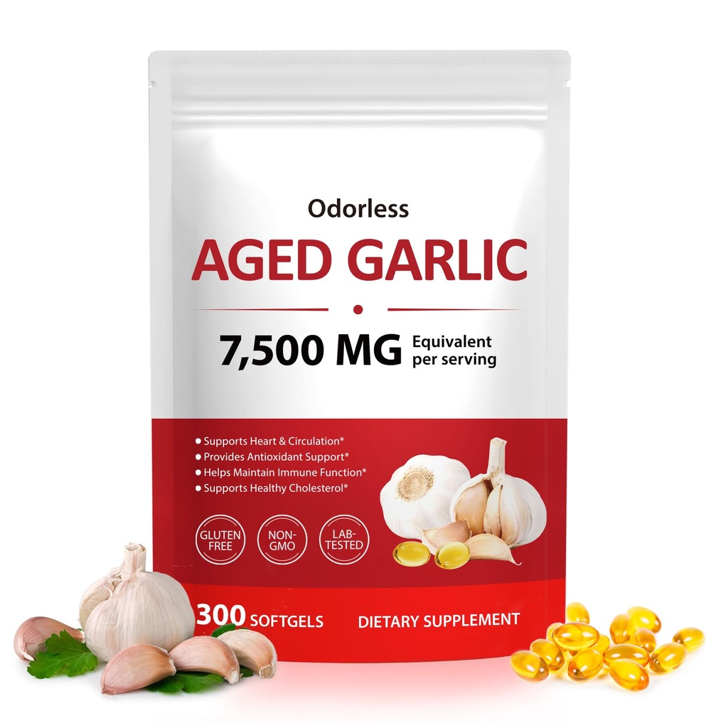 Aged Garlic Extract, 300 Count 7500mg Odorless Organic Garlic Extract Capsules, Heart & Immune Antioxidant Supplements, Natural Herbal Supplements, Non-GMO, Gluten Free,Swallow It Whole