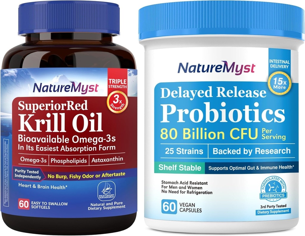 Krill Oil 1000mg dan Progories Bundle, Omega 3 dengan DHA EPA & Astaxanthin, Plus 80 Milyar CFU 25 Strains, Gut, Heart & Imune Fungsi, Non-GMO, Made in USA, 60 Softgels + 60 Capsules