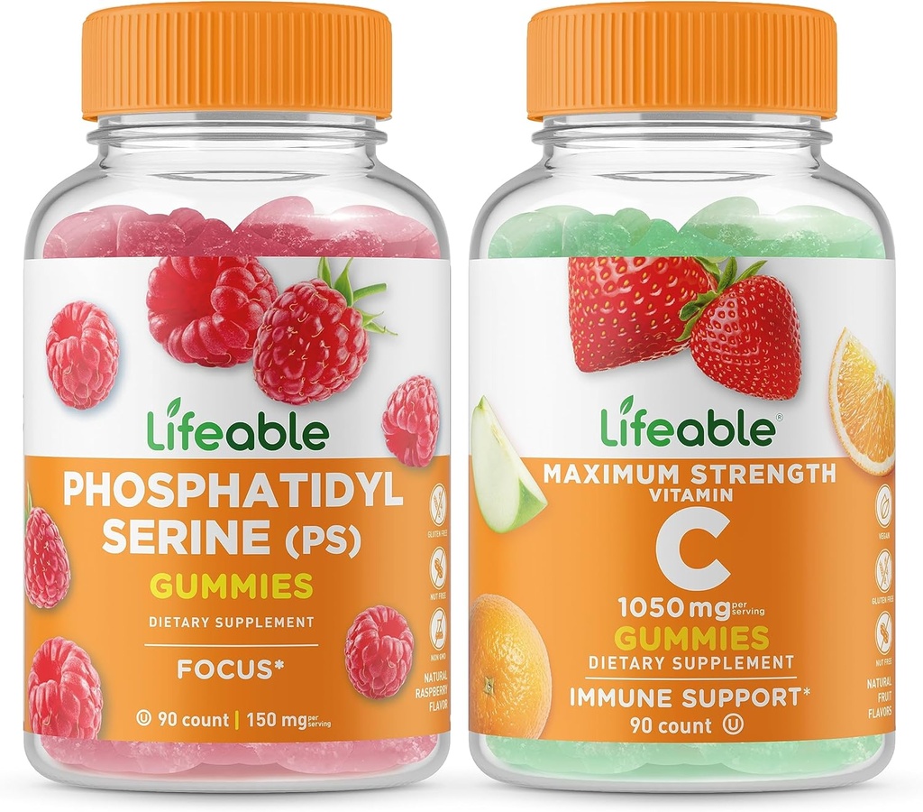 Lifeable Phoshatidyserine (PS) + Vitamin C 1050mg, Gummies Bundle - Wisting Besar, Suplemen Vitamin, Gluten Bebas, GMO Bebas, Gummy Chewable