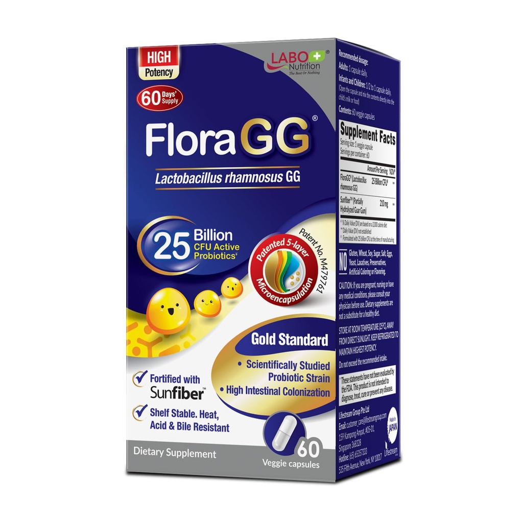 Nutrition LABO FloraGG Lacnaciillus Rhamnosus LGG 25 Milyar CFU Daily (Probiotic LGG dengan Sunfiber) 5layer Micomencapsulated L. Rhamnosus Supplemen 124; Dibubble & Imune Dukungan 12.4; 60 Capsules
