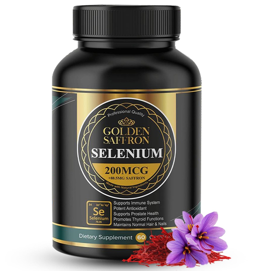 Golden Saffron Selenium (200mcg Selenium & 88.5 mg Saffron Extract) - untuk mendukung Overall Health, Non-GMO, Gluten Free, Dairy Free, dengan Unique dan Advanced Formula - dibuat di USA & Tasteless.