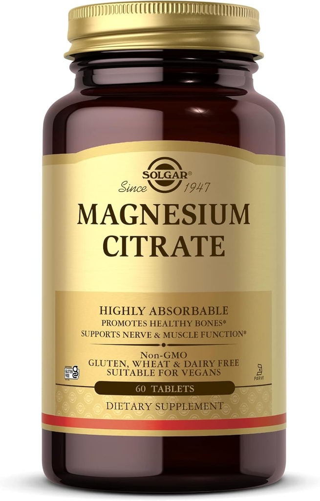 Solgar Magnesium Citrate - 60 Tablet - Promotes Healthy Bones, Supports Nerve & Muscle Fungsi - Sangat Absorbable - Non-GMO, Vegan, Gluten Bebas, Kosher - 30 Servis