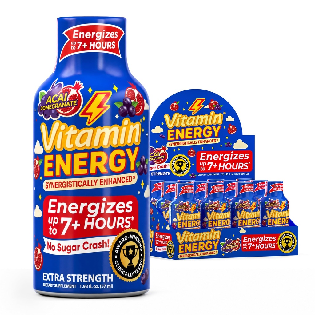 Vitamin Energy B11.000% Energi Ekstra Shot Açaí Pocapate 12 Pack, 260mg Natural Caffeine, B12 & B6, Nootropic Focus, Vitalitas, Zero Sugar, Gluten- Free, Vegan, Kosher, 1.93 fl oz
