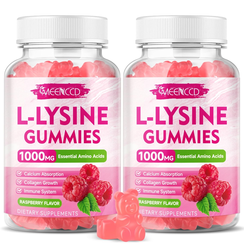 2 Pack L-Lysine 100mg Gummies, Lysine Sugare for Dewata & Anak-anak, Estically Amino Acid for Lips & Oral Health, Boost Imiune & Kalcium, Sugar- Free, Raspberry Flavor, 120 Count