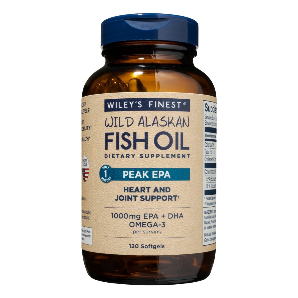 Wiley 's Finest Wild Alaska Fish Oil Peak EPA - Triple Strength Peak EPA & DHA Suplement - 100mg Fish Oil - Omegaga- 3s for Joint Health Suftgels - 120 Softgels (120 Servings)