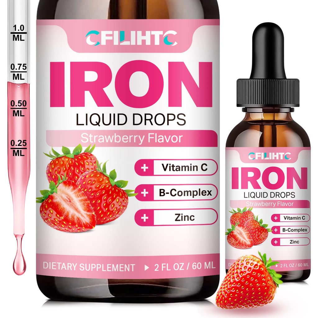 Tambahan Besi Liquid untuk Perempuan Pria & Anak-anak Multivitamin Besi Drops dengan Flolate, Vitamin C, B6, B12, Zinc untuk Anemia, Deficiency Besi, Pembangunan Darah, Energi - Strawberry Natural Flavor, Vegan 2 Fl Oz