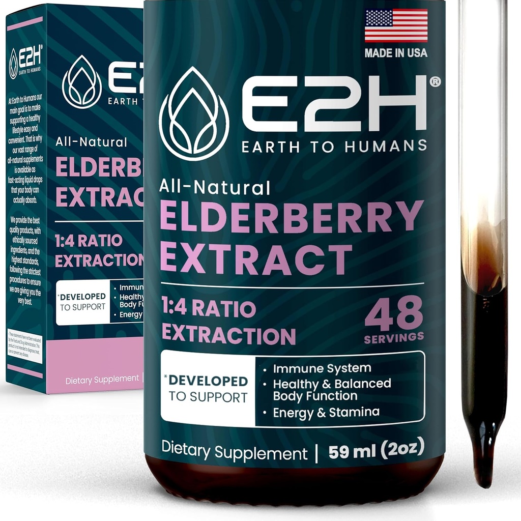 E2H Elderberry Syrup - Powerfull Antioksidants Suplemen dari Ekstrak Elderberry Organik - Sambucus Elderberry Syrup untuk Anak-anak & Dewasa untuk Dukungan Imune - Non-GMO, Vegan - 2 Fl Oz