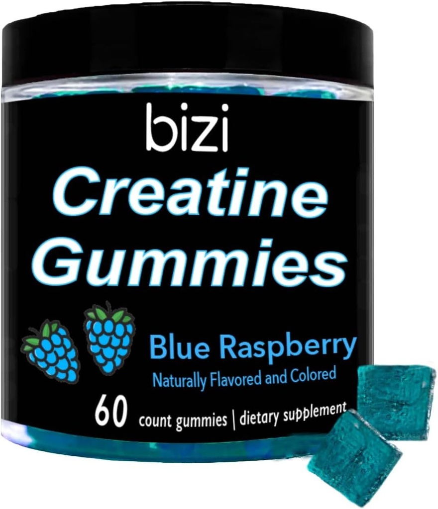 Bizi Creatine Gummys for Men & Women - 1g Creatine Monohydrate per Gummy - Watermelon Flavor - Workout, Muscle Growth, and Recevery Suplemen- Vegan & Gluten Free (60 ct) (Blue Raspberry)