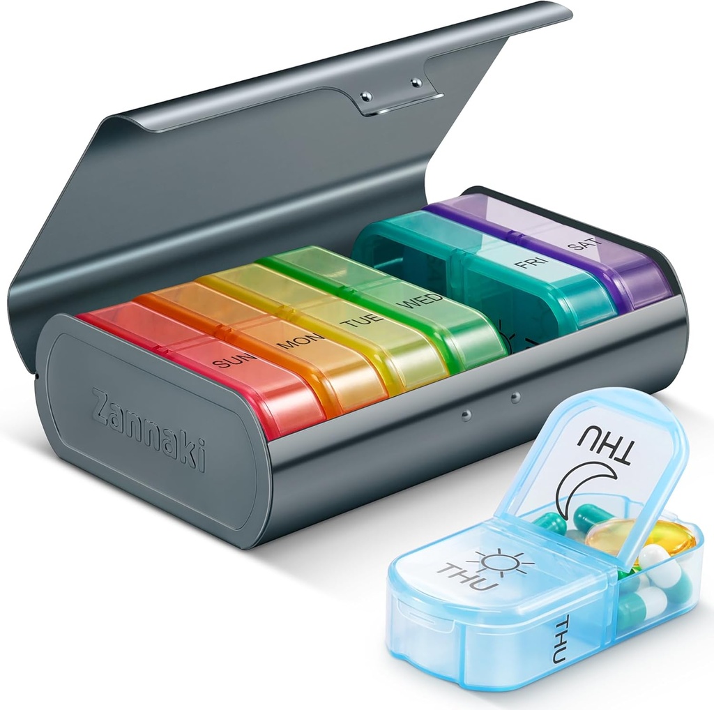 Zannaki Metal XL Weekly Pill Organizer 2 Kali sehari, Large Travel Daily Pill Box 7 Day, Portabel Minggu Dua kali Kontainer Pill Holder, Kasus PM Pill Case for Medicine Vitamin Medication Suplemen, Grey