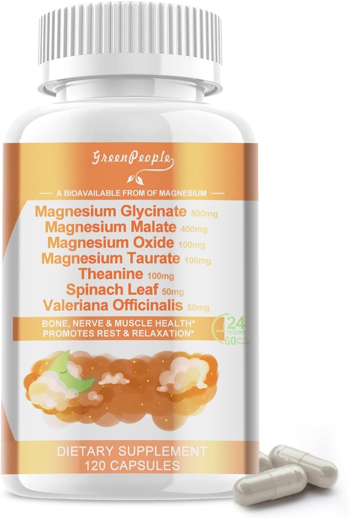 Magnesium Glycinate 500 mg per Serving, dengan Malate, Tauate & Oxide, Magnesium Suplemen untuk Muscle, Bone, Sleep dan Disolve Dukungan, 120 Vegan Capsules, Non-GMO