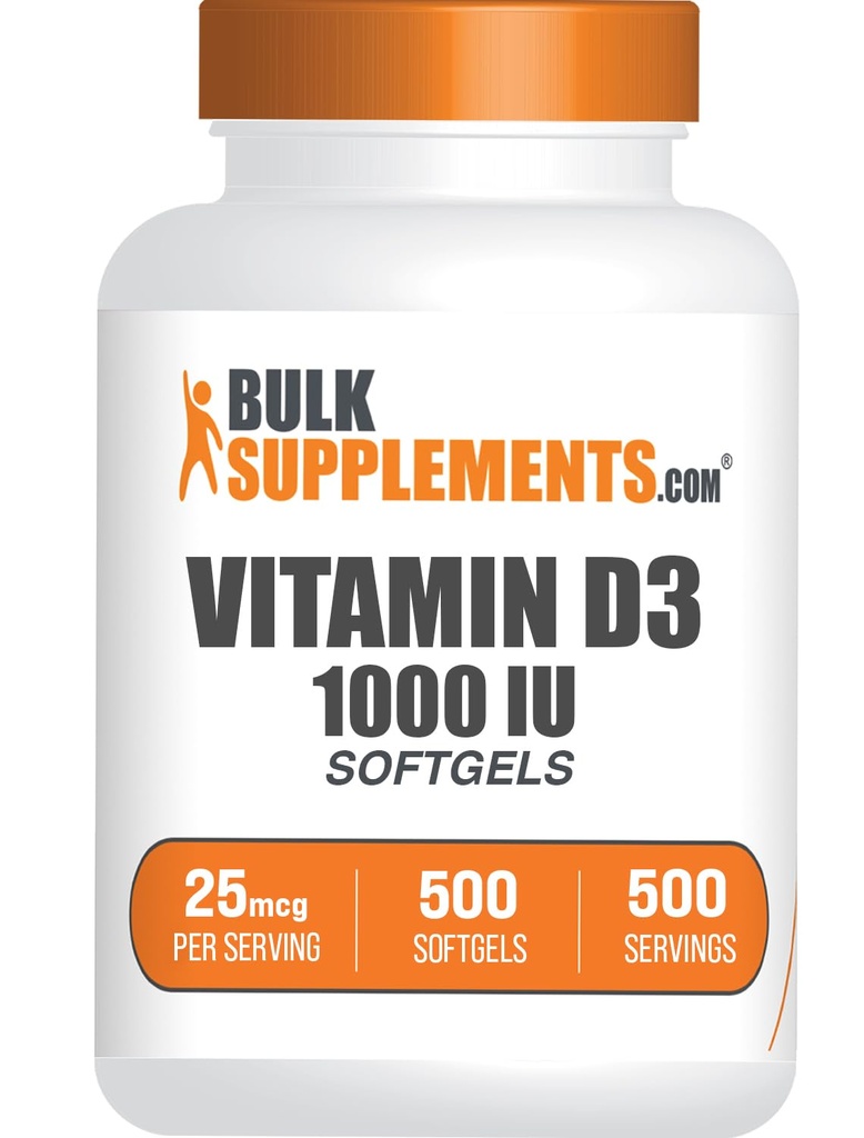 BulkSuplements.com Vitamin D3 1000IU Softgel - Cholecalferol, D3 Suplemen, Vitamin D 1000 IU - 1 Vitamin D3 Softgel (25mcg dari Vitamin D) per Serving, 500 Cacah (Paket 1)
