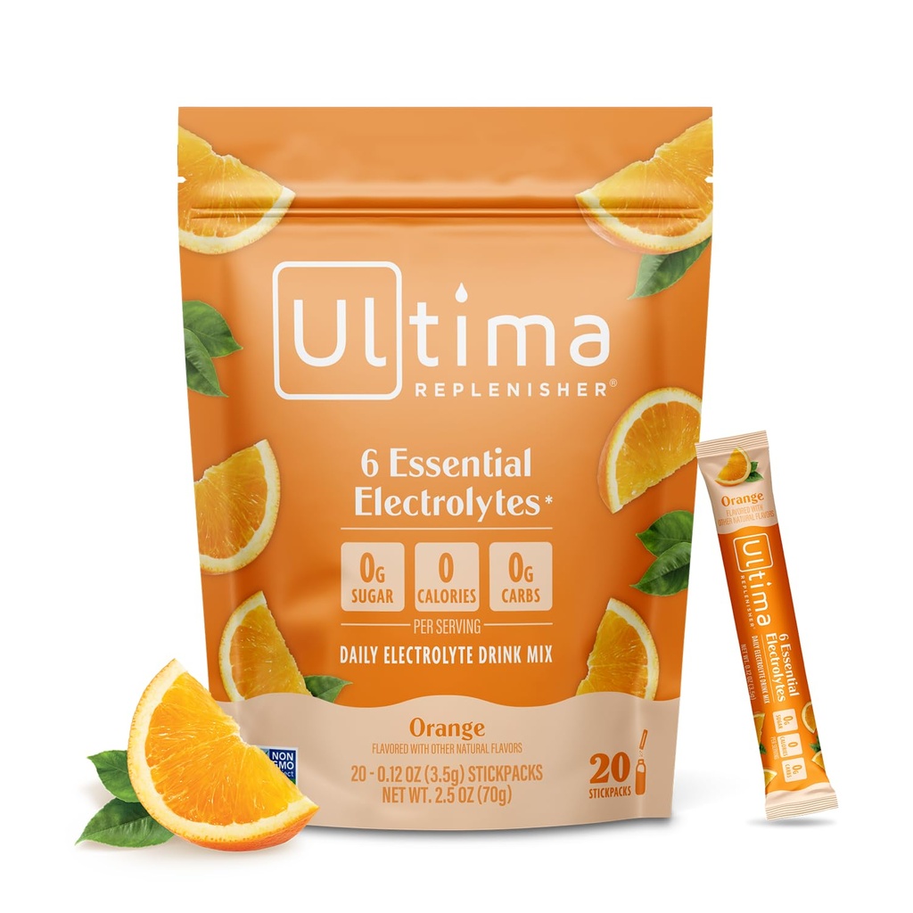 Ultima Replenisher Daily Electrolite Powder Minum Mix -Sugar Free-Orange, 20 Stickbags - Paket Hidration dengan 6 Key Electrolittes dan Trace Mineral - Keto Friendly, Vegan, Non-GMO