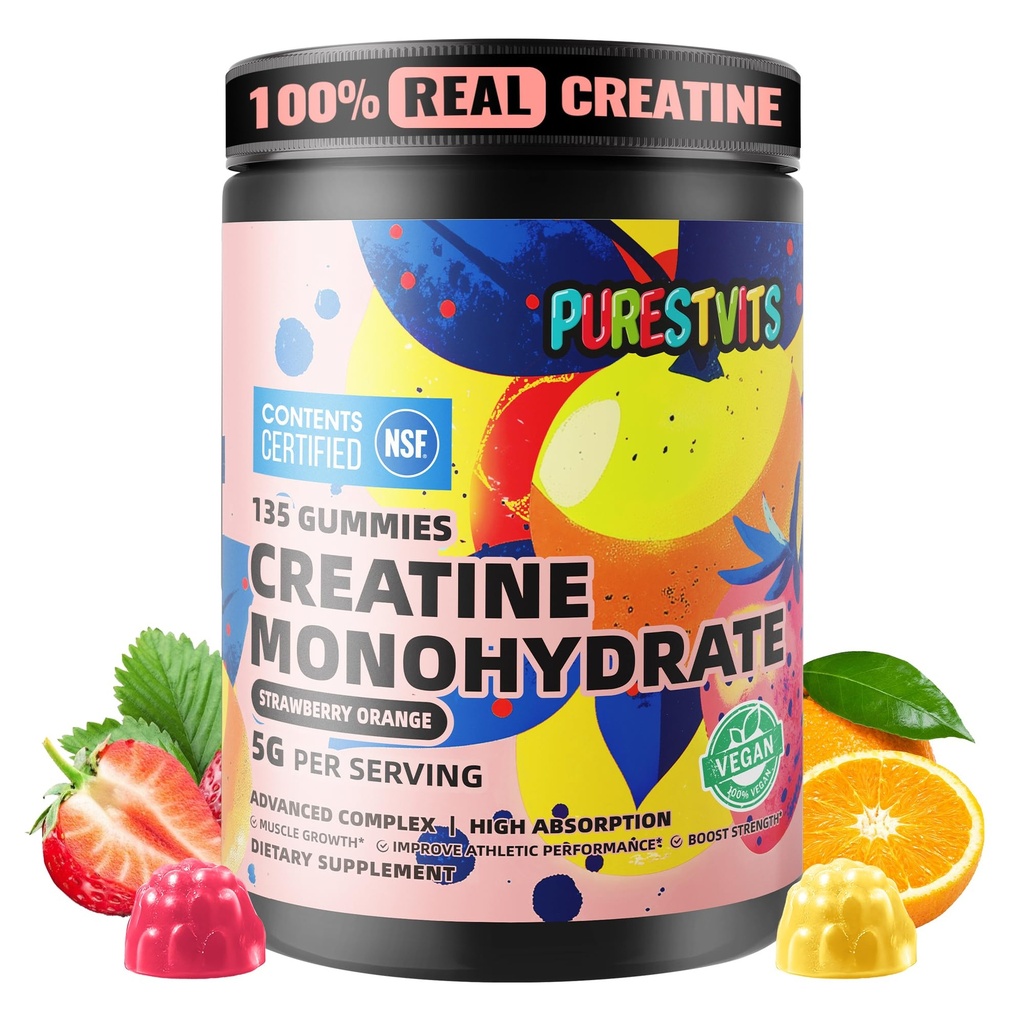NSF Cerdened Creatine Gummy 5g - Creatine Monohydrate Gummies - Pre- Workout Energy & Muscle Growth for Men & Women 124; Strawberry Orange Electrolite Gummies (135 Count)