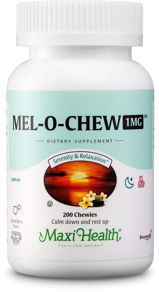 Maxi Health 1mg Melatonin Chewables - Orang dewasa & Anak Melonatin untuk Encourage Natural Sleep - Non-Habit Membentuk Suplemen Kosher Sleep dengan Enzymax for Fast- Acting Support (200 Units)