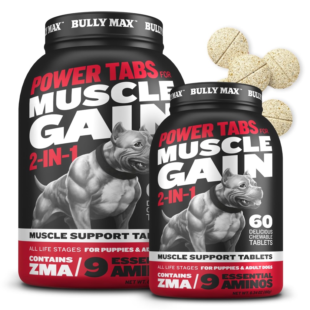 Bully Max 2-in- 1 Muscle Builder Tablets Chewable untuk Puppy & Adult Dogs - Dog Vitamin & Suplemen untuk Muscle Gain & Growth - Canine Puppy Multivitamin untuk All Breeds & Ages - 60 Tab (2 Botol)