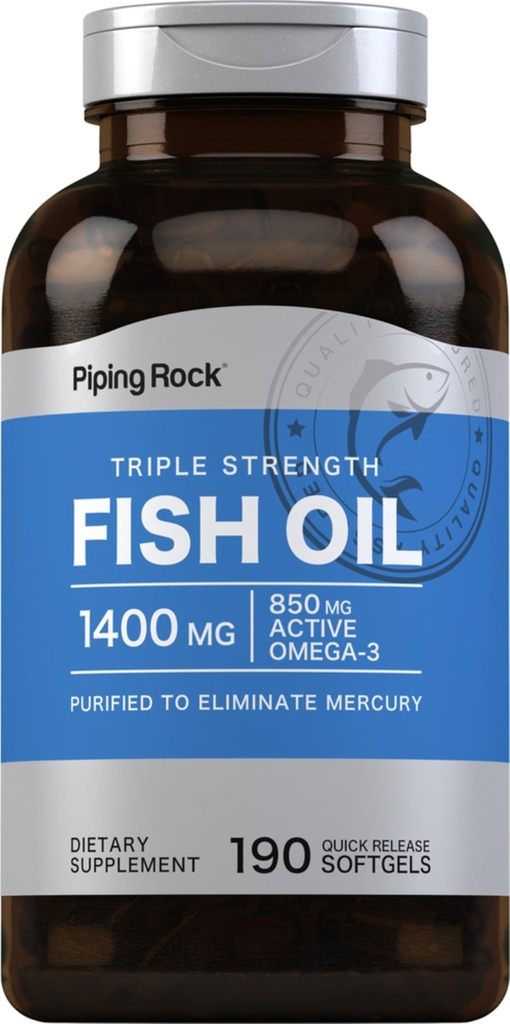 Piping Rock Oil Omega 3 Suplemen 124; 1400 mg 124; 190 Softgels 124; untuk Perempuan dan Pria 124; Triple Kekuatan 124; dengan EPA & DHA 124; Non-GMO & Gluten Bebas
