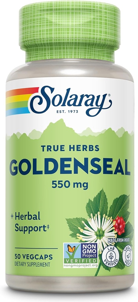 SOLARAY Goldenseal Root 550mg - Golden Seal Kapsul - Herbal Suplemen Wellness - Non-GMO, Vegan, Gluten Free, Lab Verifikasi, Jaminan Uang 60-Hari Uang Kembali, 50 Servis, 50 VevCaps