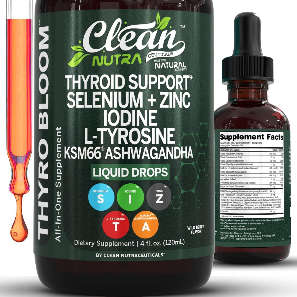 ThyroBloom Thyroid During for Women Liquid Drops Iodin L-Tyrosine Selenium Copper Ashwagandha Zinc Kelp Bladderwrack Schisandra Guggul Turmeric Suplemen D3 Blolate oleh Clean Nutra 4oz