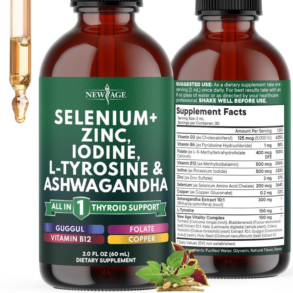 Dukungan Thyroid Drops - Selenium, Zinc, Iodin, L Tyrosine, Ashwagandha, Turmeriic, Schisandra Gugru, Cayenne - Tambahan Liquid Floid Copper Alkohol - Free, Vegan, Non-GMO - 2 oz