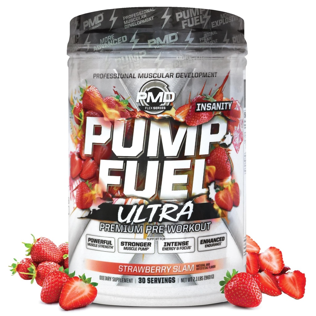 PMD Sports Pump Fuel Ultra Insanity - Premium Premium Premium Pre Workout Popper & Muscle, Greater Focus, Endurance & Recovery, Premium Creatine, Arginine & Beta Alanine - Strawberry Slam (30 Pelayan)
