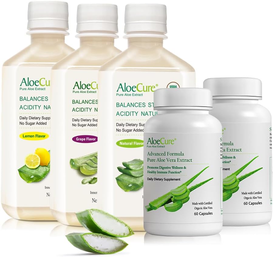 AloCure Organic Aloe Vera Ditraffic Set - 5 Pack - Grape, Natural, Lemon Flavor Juice, 2pcsxAloe Vera Capsules 60capes