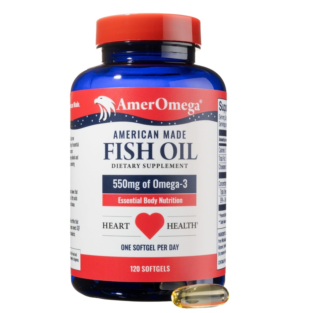 AmerOmega Triglyceride Omega-3 Fish Oil for Heart Heat - Wild- Caught Alaski Walleye Pollock - American- Sourcan-Made - Non-GMO, Gluten-Free & Dairy- Free - 120 Softgeels