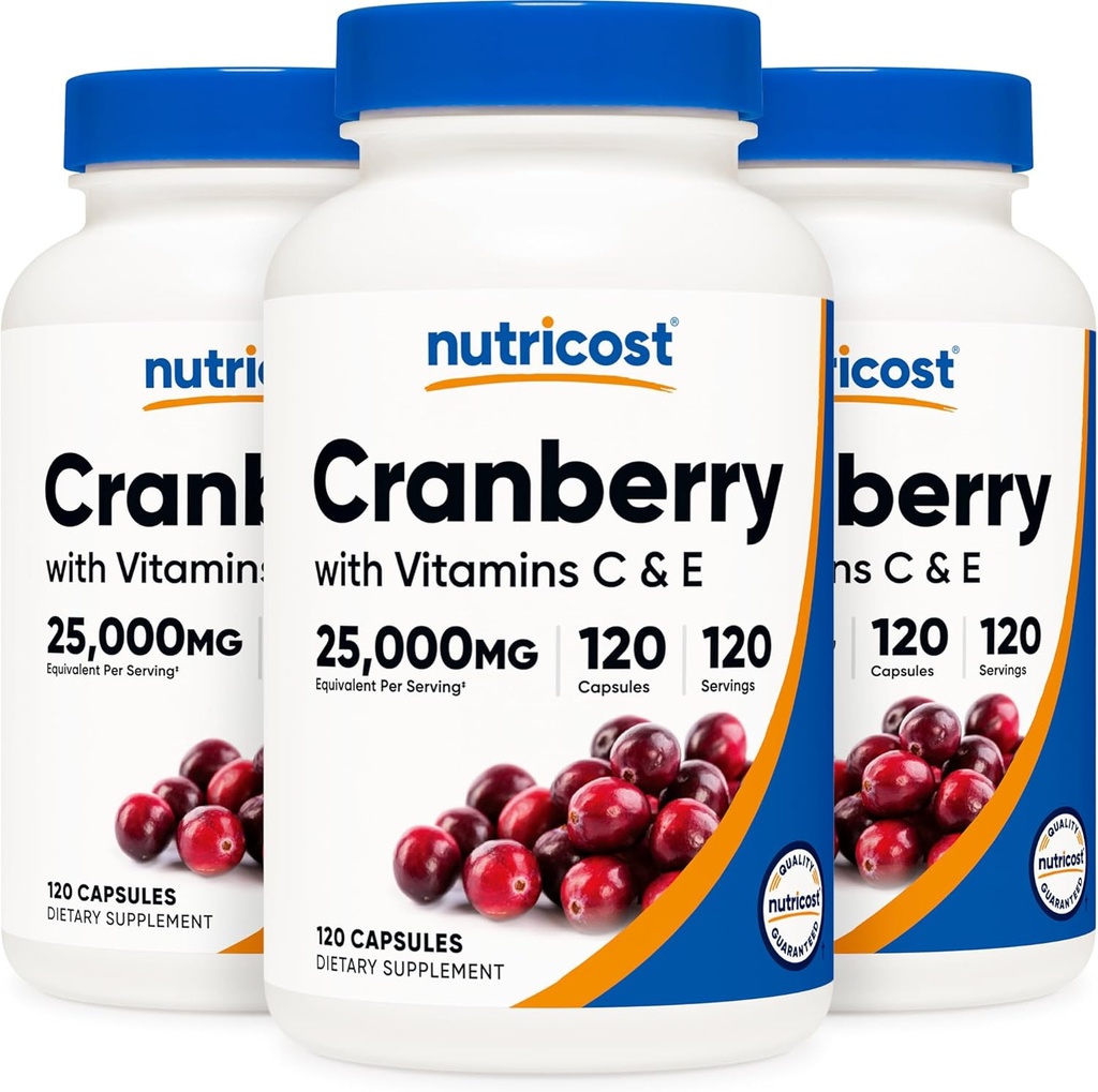 Nutricost Cranberry Extract 25.000mg (120 Pelayan) 3 Botol dengan Vitamin C & E