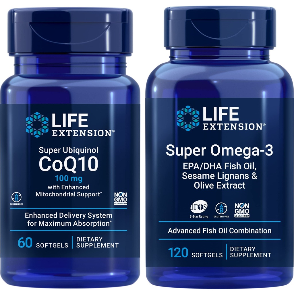 Extension Super Ubiquinol Coq10, 100 Mg, 60 Softgeels 124; Super Omega-3 Epa / dha Fish Oil, 120 Softgeels 124; Heart & Brain Health Suplemen, Inflammation Management, Anti- Aging Support.